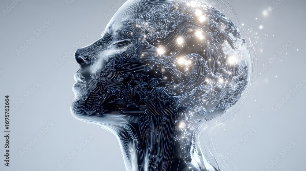 Aufkleber artificial intelligence conceptual image: metallic human head with digital brain and glowing data po