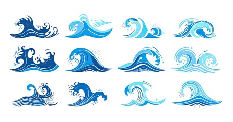 Collection of stylized wave illustrations showcasing various shapes and movements, ideal for design use