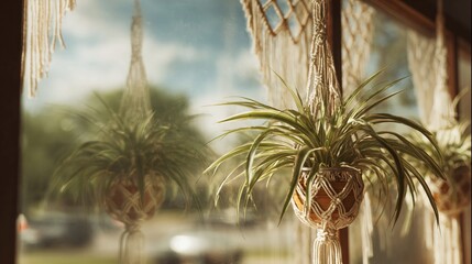 A vibrant spider plant in a handmade macrame hanger by a sunlit window, reflecting the outdoor scene.