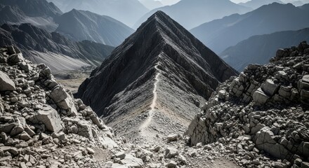 Dramatic mountain peak with a narrow trail winding through rugged rocky terrain under a hazy sky