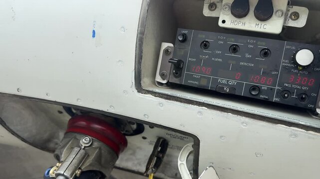 Close up view of a fuel hose connecting to the refuel polint of a jet airplane, with a view of the selector panel.