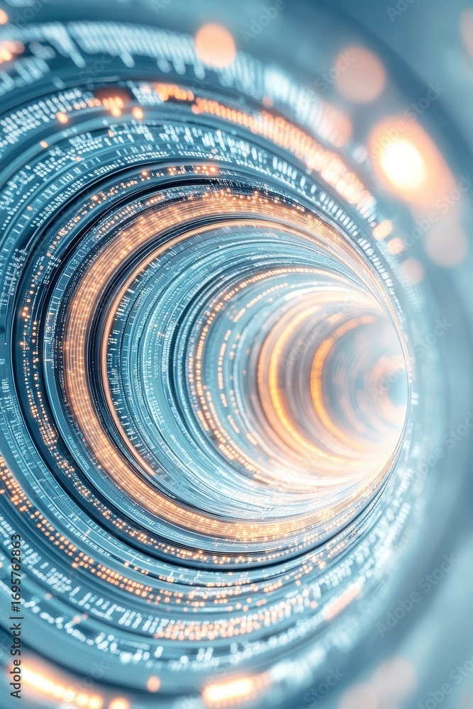 Poster glowing blue network tunnel conveying data streams. orange lights flow within structures representin