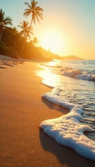 Golden Hour Beach Tranquil Waves Lap Smooth Sand, Creating a Serene Summer Scene Perfect for Travel, Vacation, and Relaxation-Themed Projects.