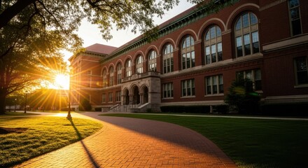 Warm golden hour sunlight streams across a brick building and pathway on a college campus