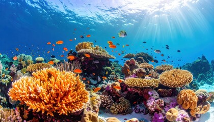 Vibrant coral reef teeming with colorful fish, bathed in sunlight, showcasing the beauty and biodiversity of the underwater world.
