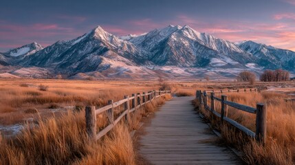 Wooden boardwalk leading to snowy mountains at sunset in california