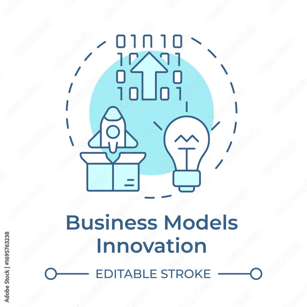 Poster business models innovation soft blue concept icon. software development, coding. round shape line il