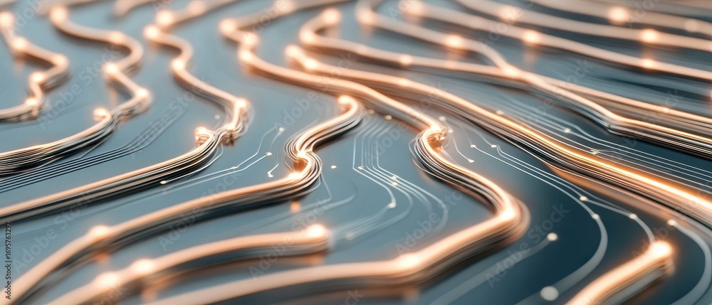 Poster connected golden lines glow on a circuit board surface representing fast communication of networks