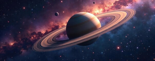 Saturns Majestic Rings Dominate a Breathtaking Cosmic Landscape of Nebulae, Galaxies, and Distant Starlight, Creating a Mysterious and Wonderous Celestial Masterpiece.