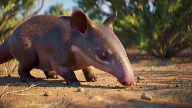 A 3D cartoon aardvark snuffling on dry earth with sparse vegetation in the background, rendered in a lifelike style with natural colors and lighting.
