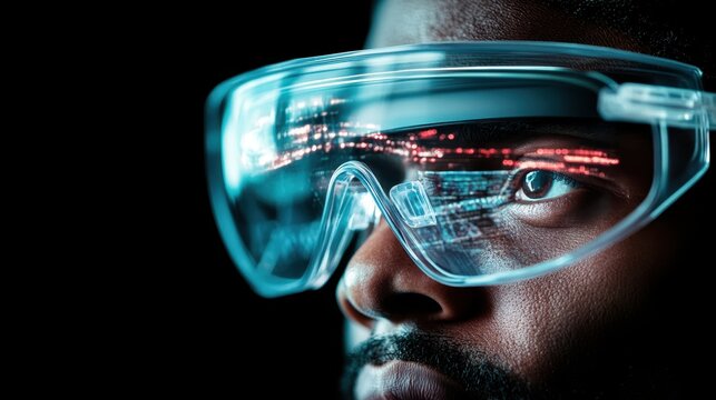Person looking through smart glasses reflecting data. Networks and modern communication concept on dark background. 5G connectivity advancement.