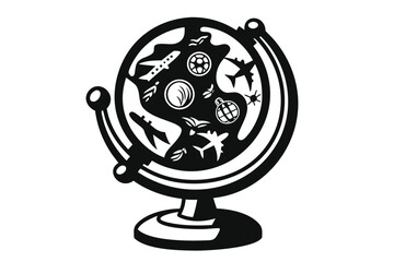 World travel globe icon featuring airplane and destination symbols on white background