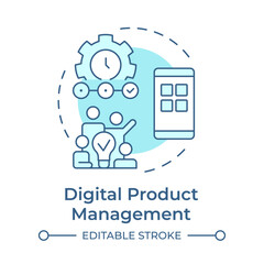 Digital product management soft blue concept icon. Smartphone app, teamwork organization. Round shape line illustration. Abstract idea. Graphic design. Easy to use in infographic, presentation