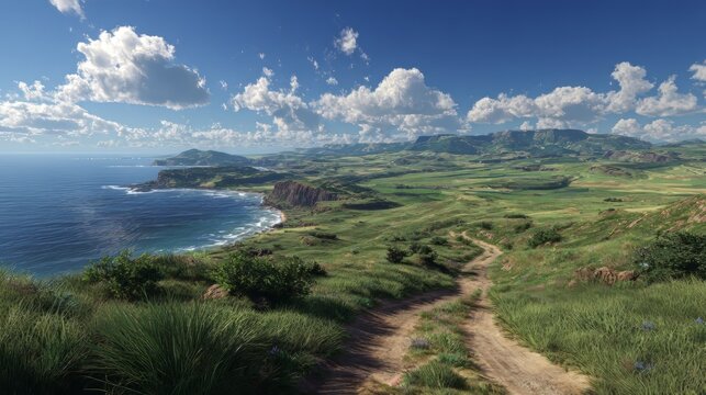 Picturesque coastal landscape with a winding dirt path leading to the ocean, lush green hills, and a clear blue sky with fluffy clouds