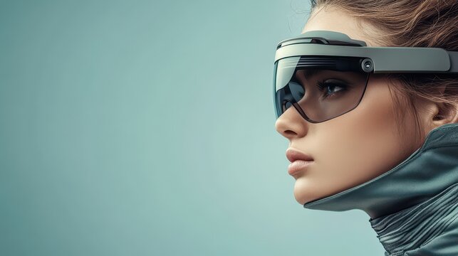 Woman profile wearing futuristic visor. Represents data streams communication through 5G networks. Grey color scheme with soft light. Smooth skin reflects advanced technology