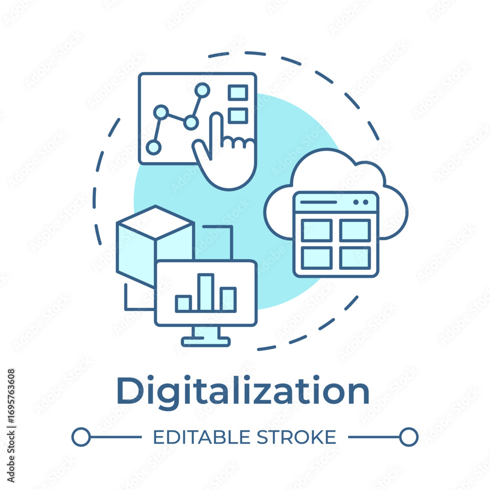Poster digitalization soft blue concept icon. data analysis, statistics. cloud technology. round shape line