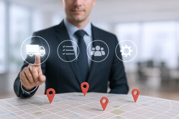 Supply Chain Management: Businessman Overseeing Logistics, Transportation, and Delivery Optimization with Digital Interface