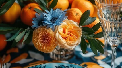 A stunning floral arrangement with oranges and blue flowers, set for an elegant dining experience.