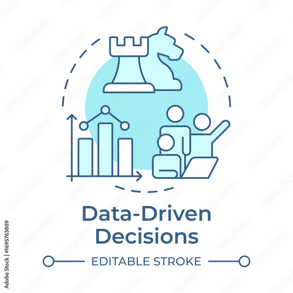 Poster data-driven decisions soft blue concept icon. statistical chart, teamwork management. round shape li