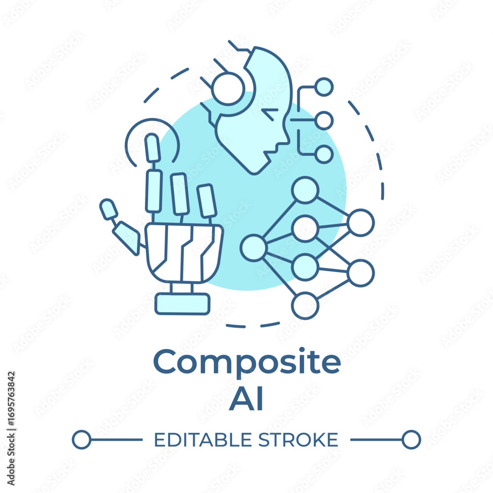 Poster composite ai soft blue concept icon. machine learning, artificial intelligence. round shape line ill