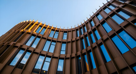 Worm's eye view of a modern building with blue windows