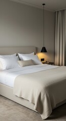 Modern hotel bedroom with a large bed and city view from the window. Luxury accommodation for travel and relaxation for guests with soft ambient light, minimalistic decor.	
