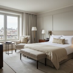 A modern, luxury hotel bedroom interior design concept for marketing design, sale promotion, or booking message overlay. Hospitality service living space for banner with empty space.	
