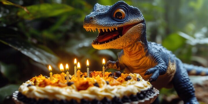 A happy blue dinosaur celebrates its birthday with a delicious cake and lit candles. - Powered by Adobe