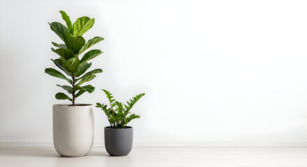 Two potted plants against a white wall minimalist style
