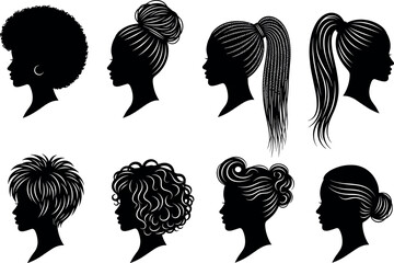 Diverse black hairstyles silhouette collection featuring afro bun ponytail and curly textures