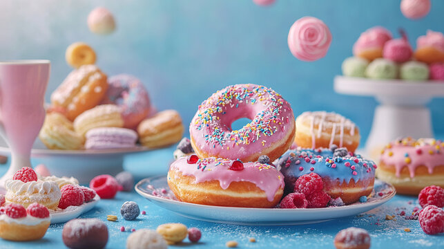 Yummy pink donuts sprinkled with colorful sweets.