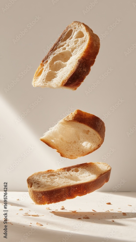 Poster sliced baguette pieces levitating in a minimalist setting, showcasing freshness and texture for culi