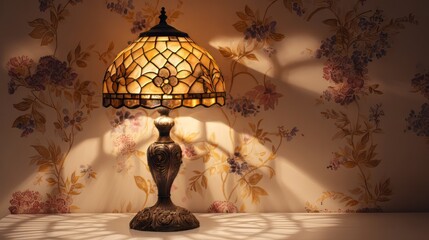 Vintage tiffany lamp casting shadows on a floral wallpaper, creating a warm and inviting atmosphere in a cozy and stylish interior