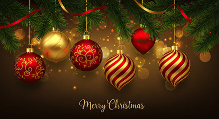 Festive Christmas Ornaments Hanging with Pine and Ribbons on Brown Background