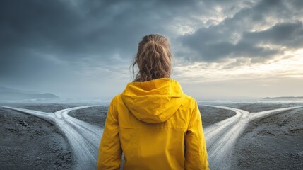 Woman in yellow jacket standing at crossroads with multiple roads diverging under cloudy sky illustrating choice and decision making in life