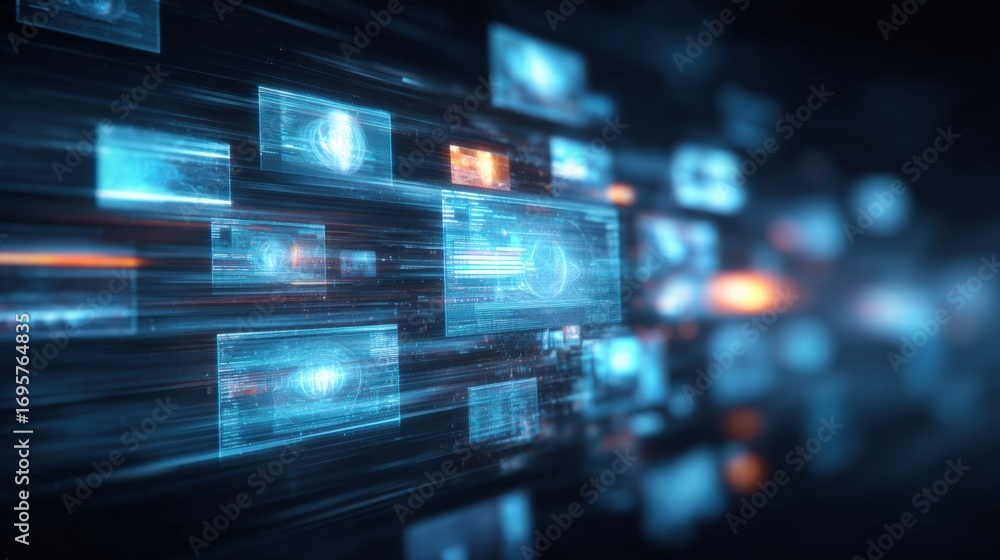 Poster abstract digital interface with flowing data and information, concept for technology solutions and b