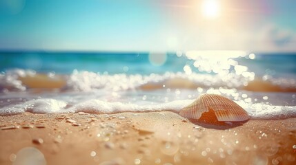 Seashell on a sandy beach with the sun shining over a beautiful ocean scene.