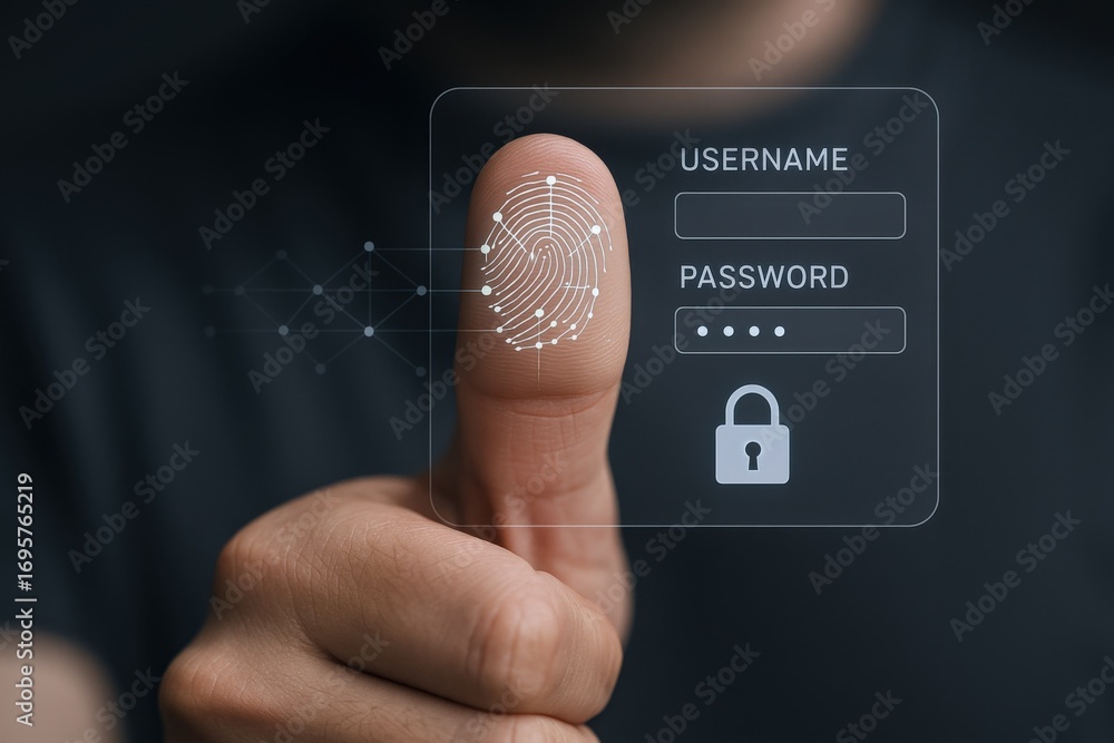 Poster fingerprint biometric authentication scanning, security technology system access, digital data prote