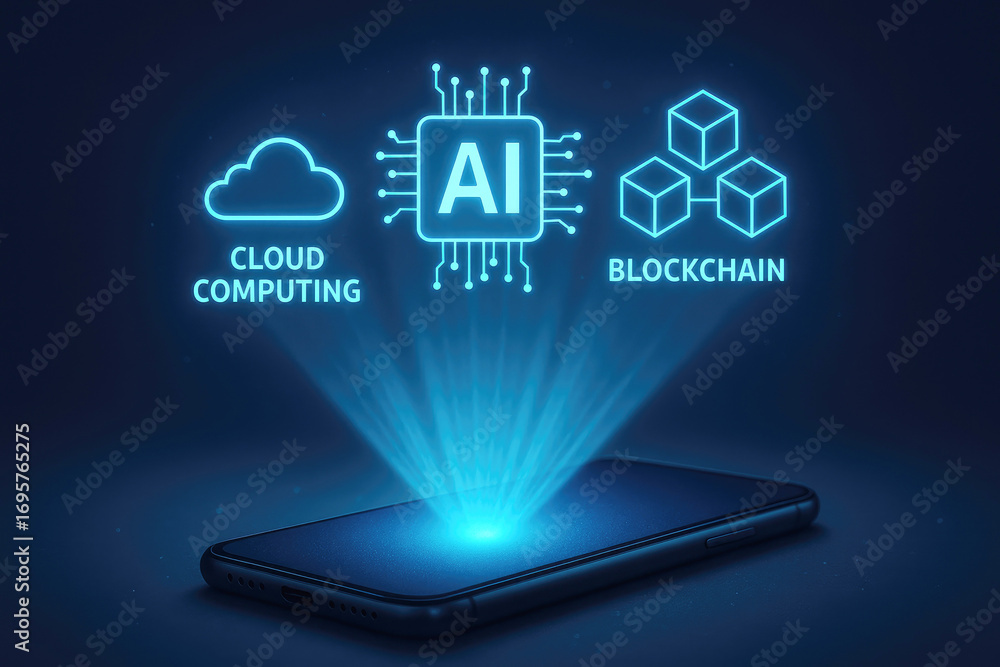 Fototapete smartphone projecting ai cloud computing and blockchain hologram technology artificial intelligence