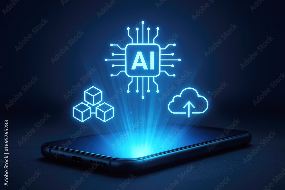 Poster smartphone displaying ai chip and digital icons with glowing light effect artificial intelligence te