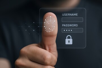 Fingerprint Biometric Authentication Scanning, Security Technology System Access, Digital Data Protection, and Cybersecurity Concept