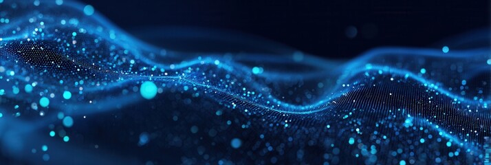 Abstract blue digital background with flowing wave - like lines, glowing particles, and dots, conveying a futuristic tech - related theme.