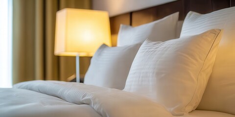Cozy hotel bed with crisp white pillows and soft, inviting bedding