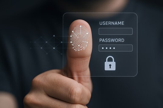 Fingerprint Biometric Authentication Scanning, Security Technology System Access, Digital Data Protection, and Cybersecurity Concept
