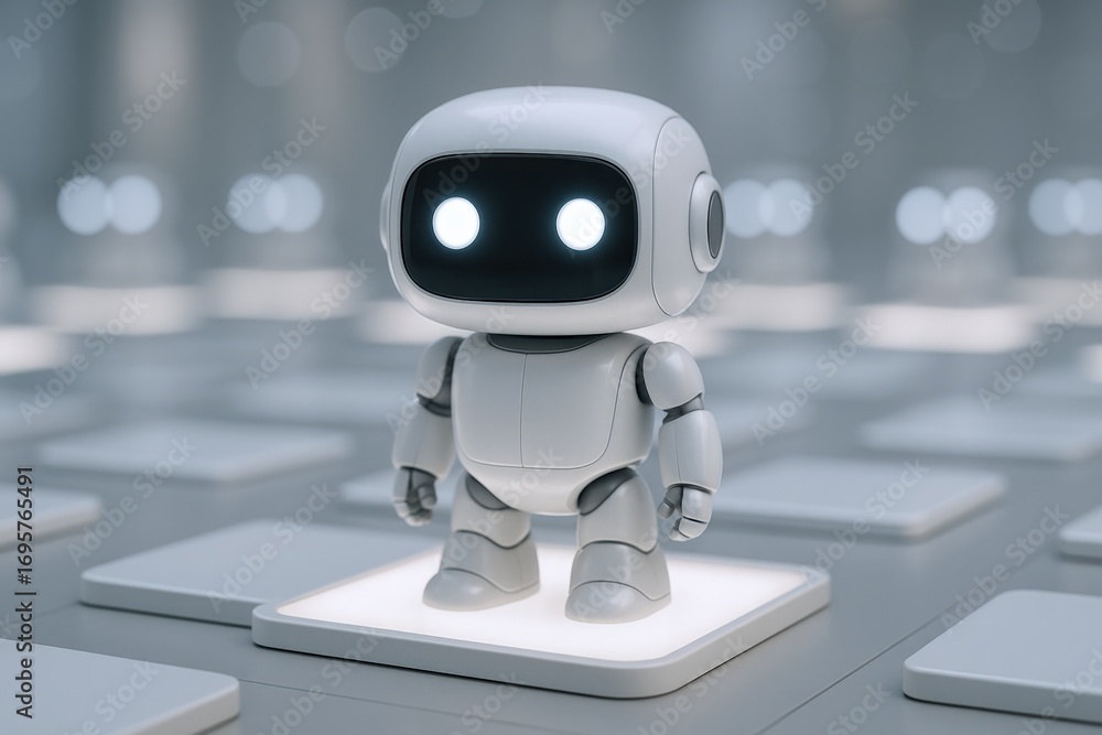 Poster friendly white robot standing on illuminated platform, futuristic technology concept, artificial int