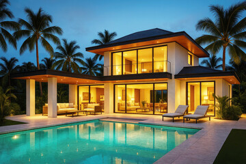 Fototapeta premium Upscale Tropical Home with Pool and Lounge Chairs at Twilight house villa