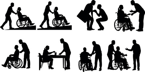 Obraz premium Diverse silhouette scenes of caregivers assisting people in wheelchairs and with daily tasks