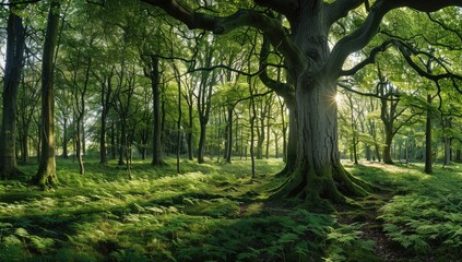 Majestic forest scene with sunlight filtering through lush green trees, creating a serene atmosphere