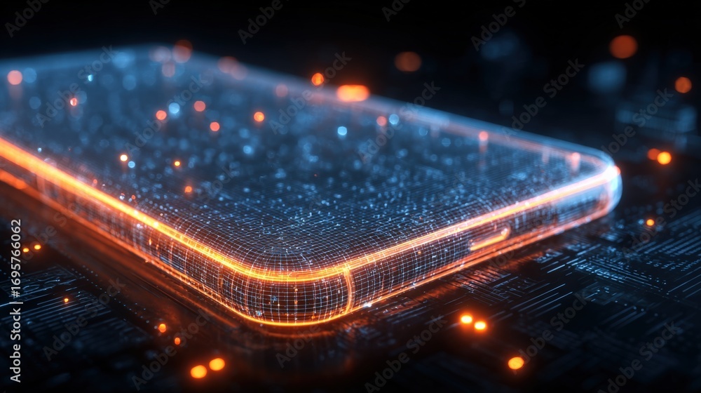Aufkleber digital technology: abstract smartphone wireframe with glowing particles on circuit board background