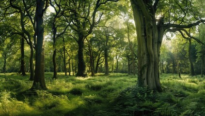 Fototapeta premium Lush Green Forest with Sunlight Filtering Through Trees, Creating a Serene Atmosphere